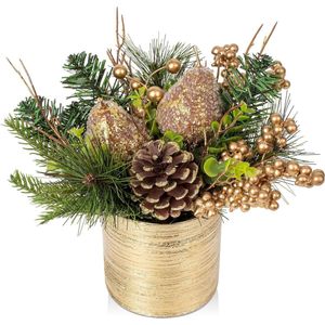 kunstplant in pot, kerstdecoratie met peer en dennenappels, voor kerstdecoratie, wooncultuur, keuken, eettafel, decoratieve plant, kamerplant, tafeldecoratie