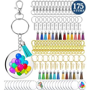 175-Delig DIY Sleutelringen met Ketting, Karabijnhaak, Transparant Plexiglas & Kwastjes - Dubbelzijdig Foto Sleutelhanger Maken - Keychain Musketonhaak - Klein Musketon Karabijnsluiting - Blanco Carabiner Ringen - Knutselen Mini Karabijn Sleutelring