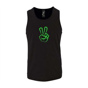 Zwarte Tanktop sportshirt met ""Peace / Vrede teken"" Print Neon Groen Size M