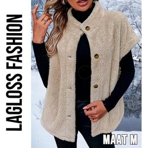 LaGloss® Elegante Teddybeer Vest – Korte Mouwen Blazer met Enkele Knoopsluiting – Khaki H-Lijn Silhouet – Herfst/Winter Casual Buitenkleding – Maat S