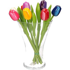 Set van bos houten tulpen boeket 34 cm in glazen vaas 25 cm