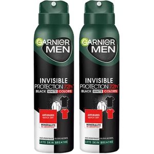 Garnier Men Anti Transpirant Body Spray Invisible Protection Black White and Colors - 72H Frisheid en Bescherming van Zowel je Huid als je Kleren - Antiperspirant Bodyspray Zonder Ethyl Alcohol - 2 x 150 ml