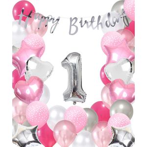 Snoes Ballonnen 1 Jaar Pink Blush Silver Mega Ballon - Compleet Feestpakket 1 Jaar - Verjaardag Versiering Slinger Happy Birthday – Folieballon – Latex Ballonnen - Helium Ballonnen - Zilver en Roze Verjaardag Decoratie