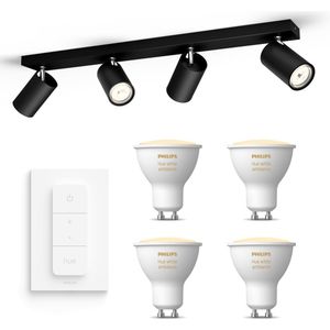 Philips Hue Kosipo Opbouwspot (Zwart) - Warm tot Koelwit Licht - Incl. Hue Dimmer Switch - Plafondspot met 4 Lichtpunten - GU10 - Hue White Ambiance
