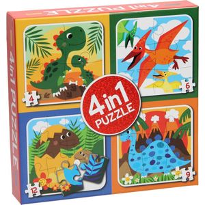 Puzzel - 4 in 1 puzzel - Dinosaurus dieren - Dino - Ei - Prehistorie - Puzzle - Spelletjes - Meisje Jongen - Verjaardag - Feestdagen - Sinterklaas - Kerst - Cadeau - Kado - Peuter - Kleuter - Kind - 4, 6, 9, 12 Stukjes