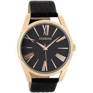 OOZOO Timepieces - Rosé goudkleurige horloge met zwarte metalen mesh armband - C8609