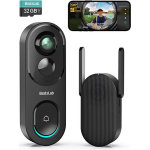 BOTSLAB - Draadloze Videodeurbel - 5 MP - 360° Slimme Video-deurbel - 2,4 GHz Wifi - 2-weg Audio