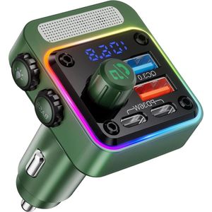 Bluetooth FM Transmitter met PD&QC3.0 auto-oplader - Handsfree Muziekspeler Autoradio adapter - Deep Bass Microfoons LED Groen fm transmitter