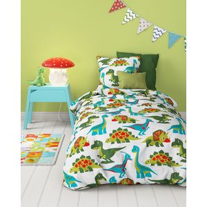 Mistral Home - Dekbedovertrek kinderen - 140x200+65x65 cm - 100% katoen - Met flessenhals - Dino - Wit, groen, blauw