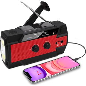 Noodradio - Solar Opwindbaar en Batterij - 4000 mAh - Draagbare Survival Radio - Powerbank Zonneenergie - Radio Op Batterijen (Accu) Voor Rampen - Zaklamp - Rood
