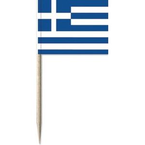 50x Cocktailprikkers Griekenland 8 cm vlaggetje landen decoratie - Houten spiesjes met papieren vlaggetje - Wegwerp prikkertjes