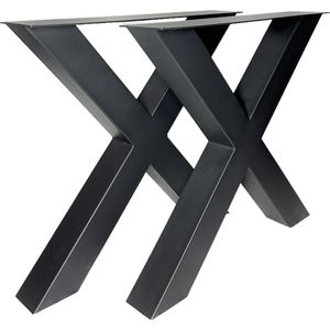 Maison DAM – 2x industriële tafelpoot X met koker 8x8, lengte: 72cm, hoogte 72cm, mat zwart fijn structuur, hoogwaardige kwaliteit - Inclusief steldop - Topplaat; 4mm dik