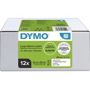 DYMO originele grote LabelWriter adreslabels | 36 mm x 89 mm | 12 rollen met elk 260 labels (1560 zelfklevende etiketten) | Geschikt voor de LabelWriter labelprinters | Gemaakt in Europa
