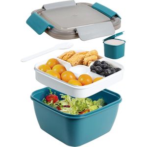 To Go Salade Container Lunch Container, BPA-vrij, 3-compartiment voor salade toppings en snacks, slakom met dressing container, ingebouwde herbruikbare lepel, magnetron veilig (donkerblauw)