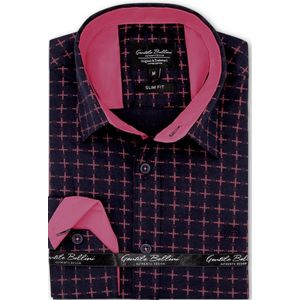 Heren Overhemd - Slim Fit - Pink Pluses Motif - Blauw - Maat S