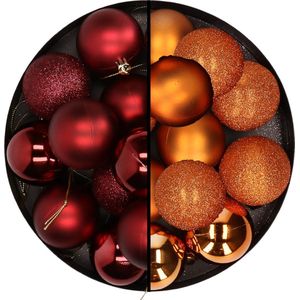 24x stuks kunststof kerstballen mix van donkerrood en oranje 6 cm - Kerstversiering