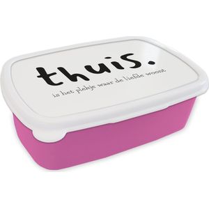 Broodtrommel Roze - Lunchbox - Brooddoos - Spreuken - Quotes - Thuis is het plekje waar de liefde woont - 18x12x6 cm - Kinderen - Meisje