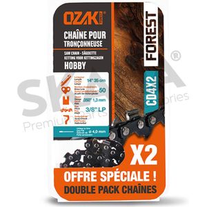 Blister met 2 afgelengde zaagkettingen OZAKI halfhaaks: 3/8""LP .050"" (1,3mm) 50 aandrijfschakels ( E50 ).