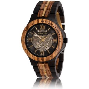 HOT&TOT | Gold Motus - Houten horloge heren - 44 mm - Automaat - Skeleton - Ebbenhout - Zebrano hout - Goud