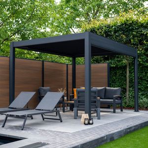 Pratt & Söhne Pergola Rivièra 4x3 m - Moderne terrasoverkapping met elektrische kantelbare Lamellen zonwering - Weerbestendig Paviljoen van aluminium - Prieel met LED-verlichting - Pergola, Carport, Veranda of Tuinoverkapping - Antraciet