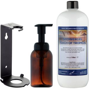 Zeepdispenser 300 ml amber bruin hervulbaar + 1 liter Showergel Touch of Tropical navulling (inclusief beugel)