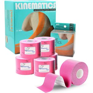 SPOL Kinematics Tex Kinesiotape Sporttape - Fysiotape - Kinesiology - Latexvrij - 6 Rollen - 5 CM x 5 Meter - Roze