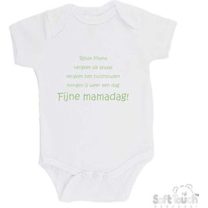 100% katoenen Romper ""Relax Mama Vergeet de afwas Vergeet het huishouden Morgen is weer een dag FIJNE MAMADAG!"" Moederdag Unisex Katoen Wit/sage green (saliegroen) Maat 62/68