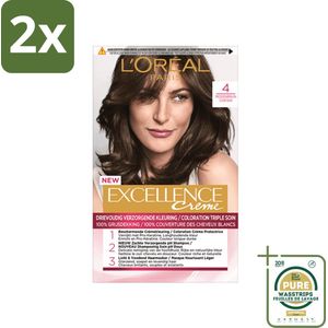 L'Oréal Excellence Crème Permanente Crèmekleuring 4 Middenbruin - Voordeelverpakking - 2 stuks - Grijsdekking - L'Oréal Paris