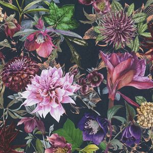 Bloemen behang Profhome 381756-GU glad vliesbehang zonder structuur met bloemmotief mat zwart paars roze groen 5,33 m2