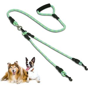 Dubbele hondenriem met twee touwen - Afneembare anti-klitbescherming - Comfortabele looptraining voor twee middelgrote of grote honden (groen)