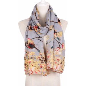 Dames sjaal - viscose - vogels - bloemen - grijs - zwart - roze - geel - rood - bruin - 80 x 175 cm