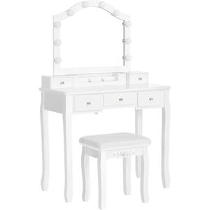 Make-Up Kaptafel Set Met Gevoerde Kruk, 10 Gloeilampen, Afneembare Opbergdoos Met 6 Vakken, 5 Laden En 1 Ladeverdeler - Perfect Cadeau-İdee Voor Slaapkamer, Wit