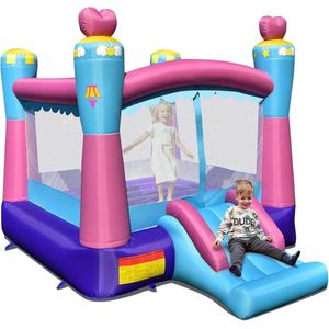 COSTWAY Springkasteel met glijbaan en basketbalmand, springslot voor kinderen, outdoor bouncer incl. draagtas, reparatieset, 334 x 265 x 250 cm