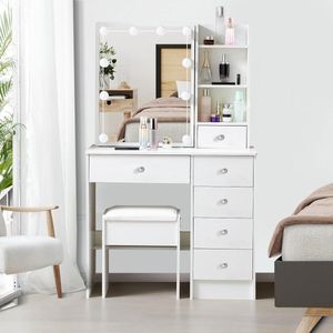 Makeup Table with Mirror, Stool, 6 Drawers, and 6 Storage Compartments - Height Adjustable Light, Colour, and Brightness - for Bedroom 80 x 36 x 130 cm