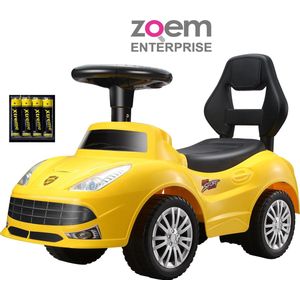 Zoem - Loopauto – Incl batterijen - Geel of Ferrari rood – Verlichting – Claxon – Geel - Muziek – Stuur - Loopwagen – Speelgoed – Jongens – Meisjes – Cadeau - Verjaardag