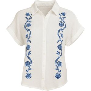 Suzzy & Milly Witte Blouse – Korte Mouwen Blouse met Kobaltblauw Borduursel - S