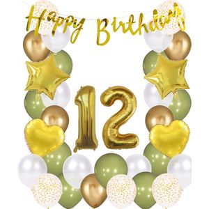 Snoes Ballonnen 12 Jaar Wit Olijf Groen Goud Mega Ballon - Compleet Feestpakket 12 Jaar - Verjaardag Versiering Slinger Happy Birthday – Folieballon – Latex Ballonnen - Helium Ballonnen - Olive Green Verjaardag Decoratie