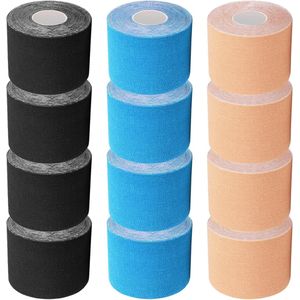 Verbeterde kinesiologietape 2 inch, 12 rollen, set voor knieën, ongesneden 2 inch waterdichte spiertape, hypoallergene sporttape, sporttape voor knie-schouderpijn (4x beige, 4x zwart, 4x blauw)