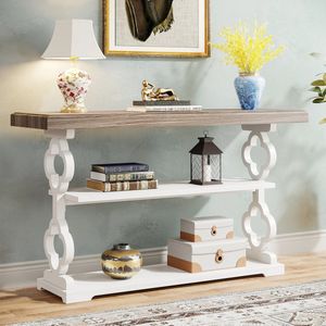 SureDeal® - Boerderij Consoletafel - 55 Inch Rustieke Entree Banktafel - Met Opbergplanken - 3-Tier Houten Lange Accenttafel