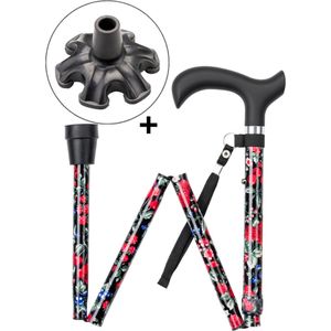 Wandelstok opvouwbaar zwart met fruit print met ergonomisch comfort handvat en polsbandje - Loopstok - Verstelbaar 82 - 94 cm - Lichtgewicht - Incl. 6-poot stokdop