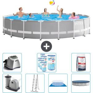 Intex Rond Prism Frame Zwembad - 610 x 132 cm - Grijs - Inclusief Pomp - Ladder - Grondzeil - Afdekzeil Zoutwatersysteem - Filters - Zwembadzout
