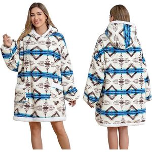 Oversized Hoodie Deken met Mouwen & Capuchon – Extra Warme en Zachte Geruite Loungewear voor Dames & Heren – Met Grote Zak – Créme / blauwe