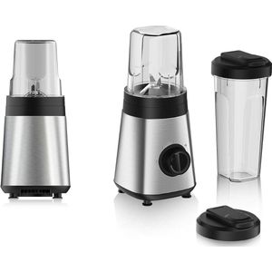 Smoothie Maker Mixer met 300W vermogen - Inclusief Smoothie beker van 300ml en 600ml - 2 snelheden en pulserende functie - roestvrij staal - zilver/zwart
