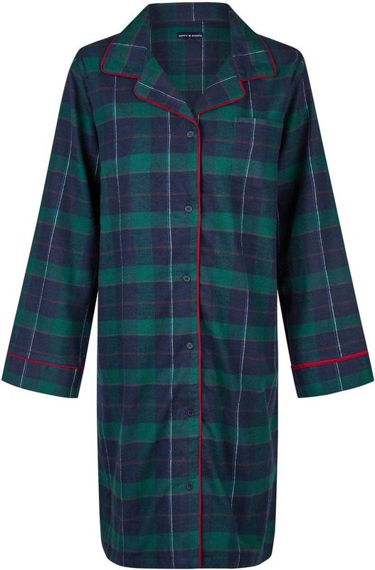 Happy Shorts Dames Nachthemd Lange Mouw Flanel Donkerblauw/Groen Geruit - Maat S