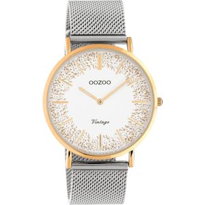 OOZOO Timepieces - Rosé goudkleurige horloge met zilverkleurige metalen mesh armband - C20136