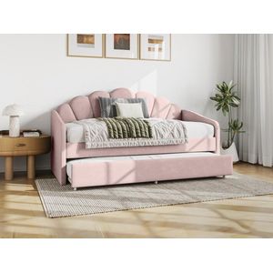 Uitschuifbaar schelpvormig bed 2 x 90 x 190 cm - Velours - Roze + matras - ELUSIA L 204 cm x H 116.5 cm x D 100 cm