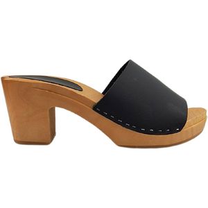 Matt black heels - hak 7cm - nubuck leer - houten zool - open toe - maat 41