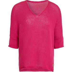 Knit Factory Jasmin Gebreide Dames Trui - Trui dames - Pullover voor de lente en zomer - Zomer trui dames - Damestrui - Duurzaam & milieuvriendelijk - V-hals - 3/4 mouw - Fuchsia - Felroze - 36/44 - 80% Gerecycled katoen