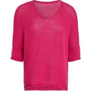 Knit Factory Jasmin Gebreide Dames Trui - Trui dames - Pullover voor de lente en zomer - Zomer trui dames - Damestrui - Duurzaam & milieuvriendelijk - V-hals - 3/4 mouw - Fuchsia - Felroze - 36/44 - 80% Gerecycled katoen