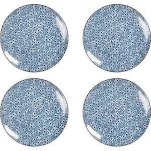 HAES DECO - Ontbijtborden set van 4 - Formaat Ø 21x1 cm - kleuren Blauw - Bedrukt Aardewerk - Collectie: Fields of Blue - Servies, kleine borden